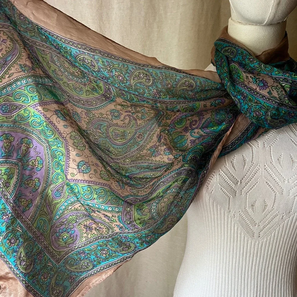 Vintage Pure Silk Paisley Scarf India Teal Purple Green Brown 18x66
